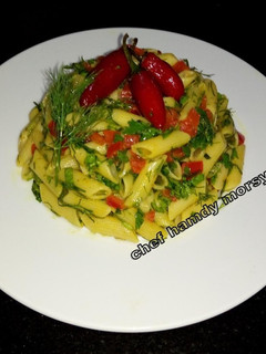 A picture of Pasta with Herbs and Bell Peppers.