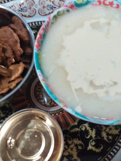 A picture of Semolina pap with groundnut cake.
