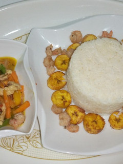A picture of Rice and shredded chicken.