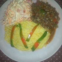 A picture of Mashed potatoes and kamande.