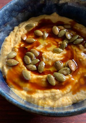 A picture of Pumpkin Hummus with Pomegranate Molasses.