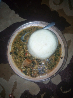A picture of Tuwon shikafa with miyar zogale(Moringa soup).