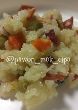 Foto resep Smoked Beef Vegetable Steam Rice / Nasi Tim Mentega 2+