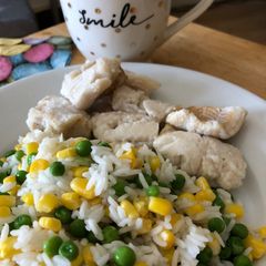 Hake with Jasmine Rice and veg A picture of Hake with Jasmine Rice and veg.
