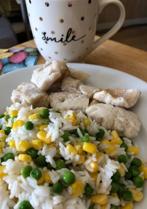 A picture of Hake with Jasmine Rice and veg.