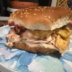 A picture of Egg shami kebab burger.