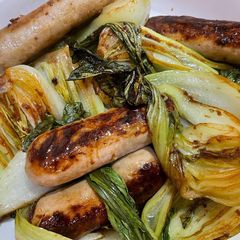 A picture of Fried Vegan Sausage & Pak Choi.