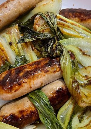 A picture of Fried Vegan Sausage & Pak Choi.