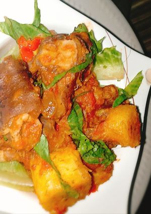A picture of Plantain Porridge with Goat meat.