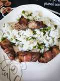 Bacon-be tekert csirkemáj + rizibizi, Air fryer-be