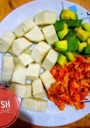 A picture of Boiled yam and egg sauce with avocado.