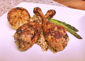 How to Recipe Delicious French cut grilled lemon pepper drums with wild rice and asparagus