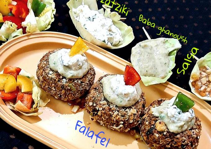 Falafel-Salsa-Baba ghanoush-Tzatziki-Salad