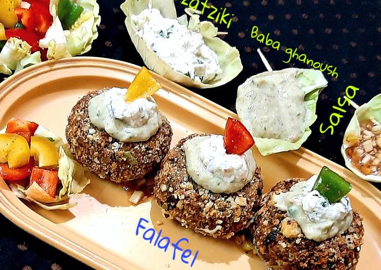 Easiest Way to Prepare Homemade Falafel-Salsa-Baba ghanoush-Tzatziki-Salad