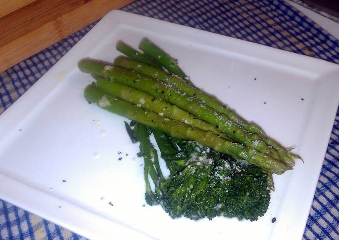 Parboiled Asparagus and baby Broccoli with Lemon, Garlic and Parmesan Dressing.