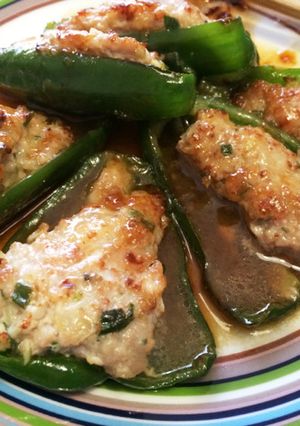 A picture of Stuffed Bell Peppers with Leftover Gyoza Filling.