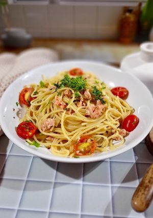 Foto resep Spaghetti al Salmone in Bianco