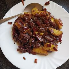 Sautéed Sweet Potato and Beetroot Stems A picture of Sautéed Sweet Potato and Beetroot Stems.