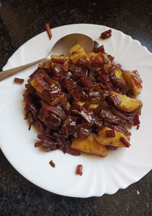 A picture of Sauted Sweet Potato and Beetroot Stems.