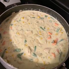 A picture of Homemade Cream Of Chicken Noodle (Kneophla) Soup.