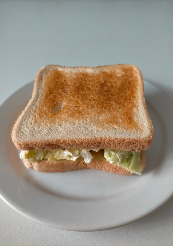 Una foto de Sándwich vegetariano: Col, cebolla y huevo