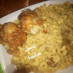 A picture of Macaroni, spaghetti and egg.