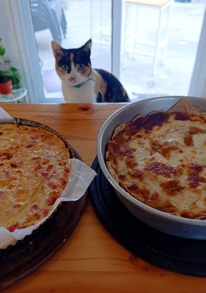 Una foto de Tarta de 🍖 Jamón y queso y Tarta de Calabaza 🎃