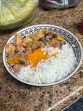 High protein creamy chicken with jasmine rice and mashed sweet potatoes