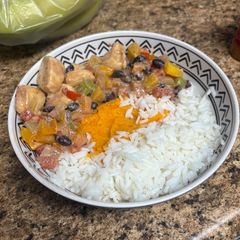 A picture of High protein creamy chicken with jasmine rice and mashed sweet potatoes.