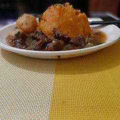 A picture of Beef Chemsha with Mashed Butternut and Potatoes.