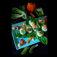 A picture of Indian salsa deviled eggs.