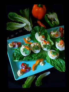 A picture of Indian salsa deviled eggs.