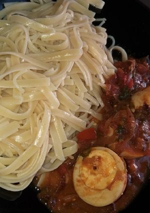 A picture of Egg Curry with Linguines #Charityrecipe #4weekschallenge.