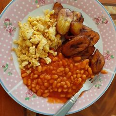 Fried plantain, egg and beans A picture of Fried plantain, egg and beans.