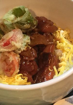 A picture of Yakitori and Vegetable Tempura Rice Bowl.