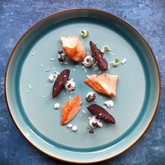 A picture of Warm beetroot and salmon salad.