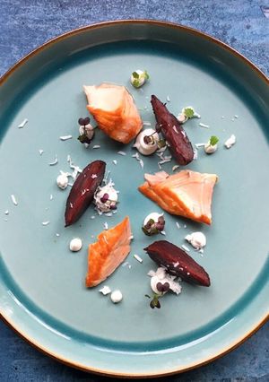 A picture of Warm beetroot and salmon salad.