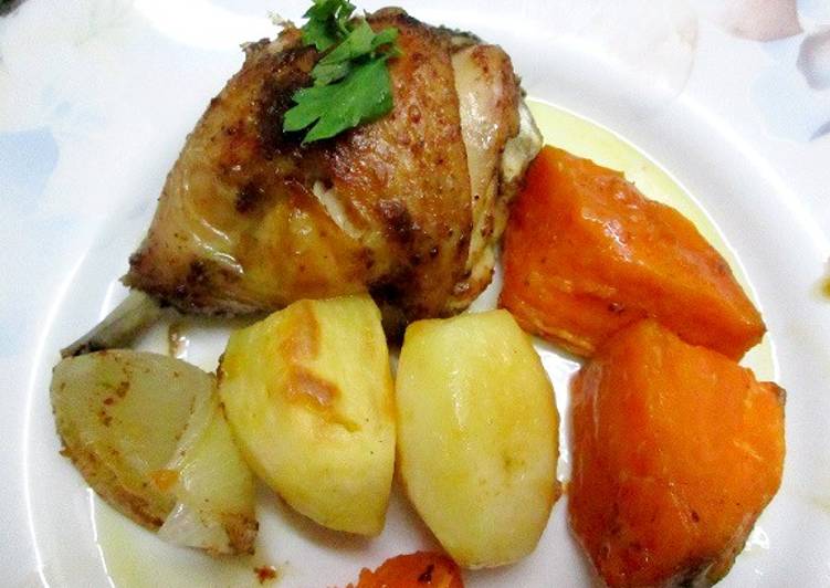 Presas de pollo, papas y batatas con aderezo especial y margarina ligera