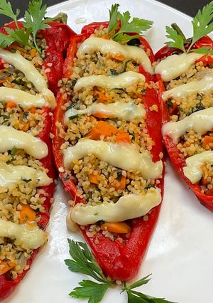 A picture of Stuffed peppers with a twist! No meat.