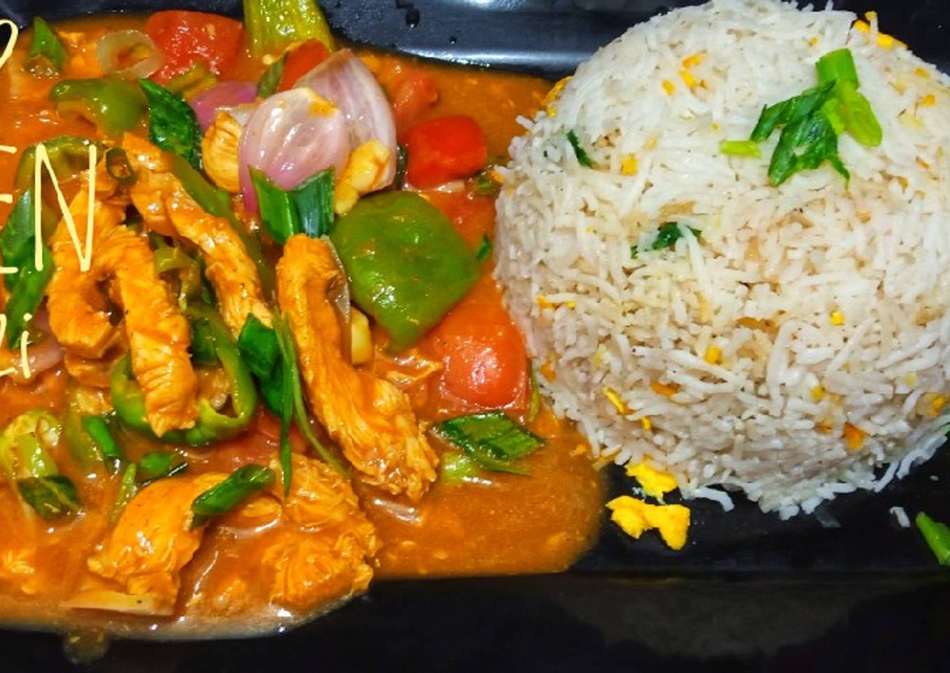 Chicken jalferazi with egg rice