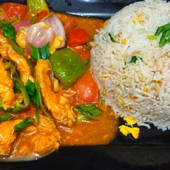 A picture of Chicken jalferazi with egg rice.