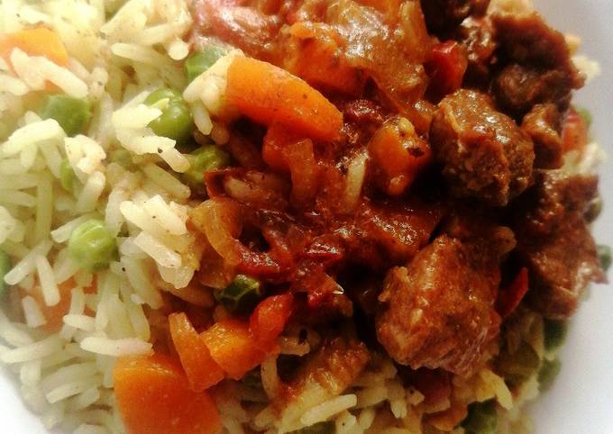 Wet fry goat meat with vegetable rice