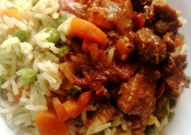 Steps to Prepare Quick Wet fry goat meat with vegetable rice