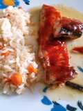 Filete de pescado en salsa de tamarindo y guarnición de arroz basmati