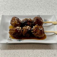 Tsukune (Japanese style turkey meatballs) A picture of Tsukune (Japanese style turkey meatballs).