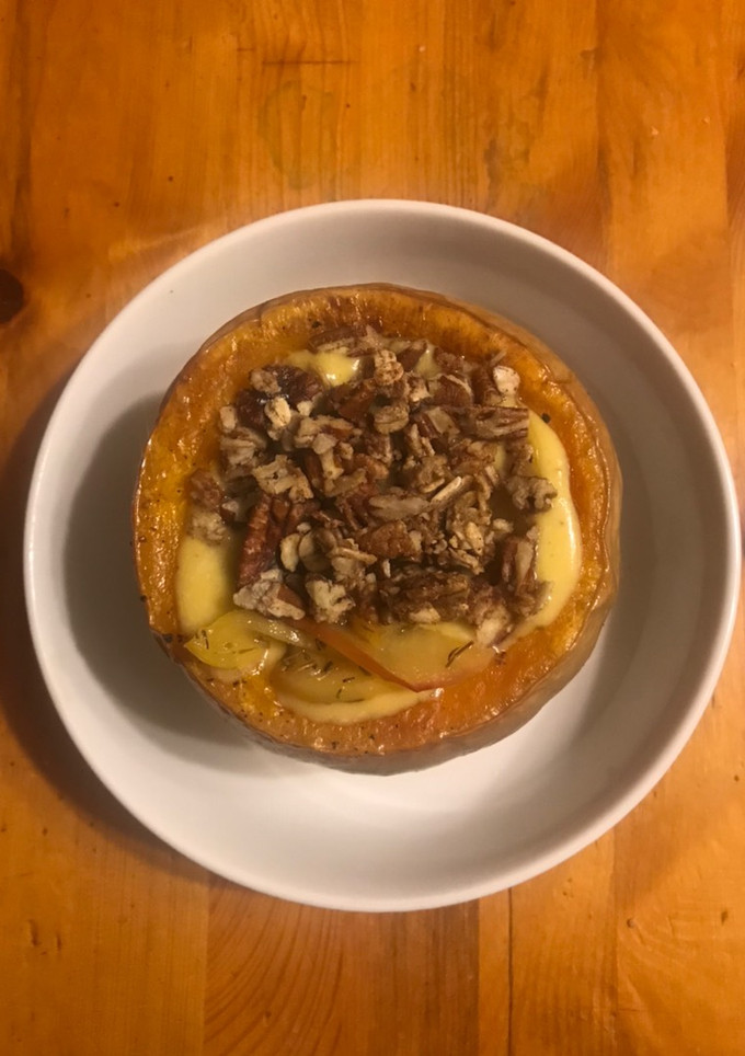 A picture of Butternut Squash Soup with Pecan Crumble.