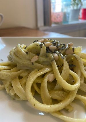 A picture of Light & creamy vegan lemon pesto.