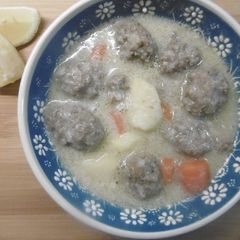 Meatball Soup with an Egg-Lemon Sauce (Giouvarelakia me Augolemono) A picture of Meatball Soup with an Egg-Lemon Sauce (Giouvarelakia me Augolemono).