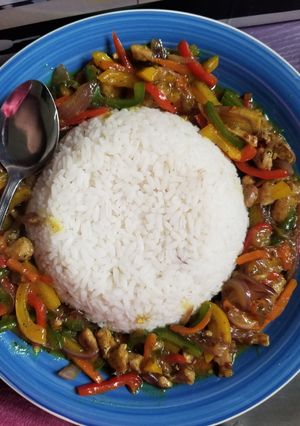 A picture of Rice and Shredded chicken sauce.