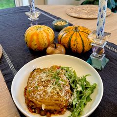 A picture of Curried Turkey Pie with Squash mash.